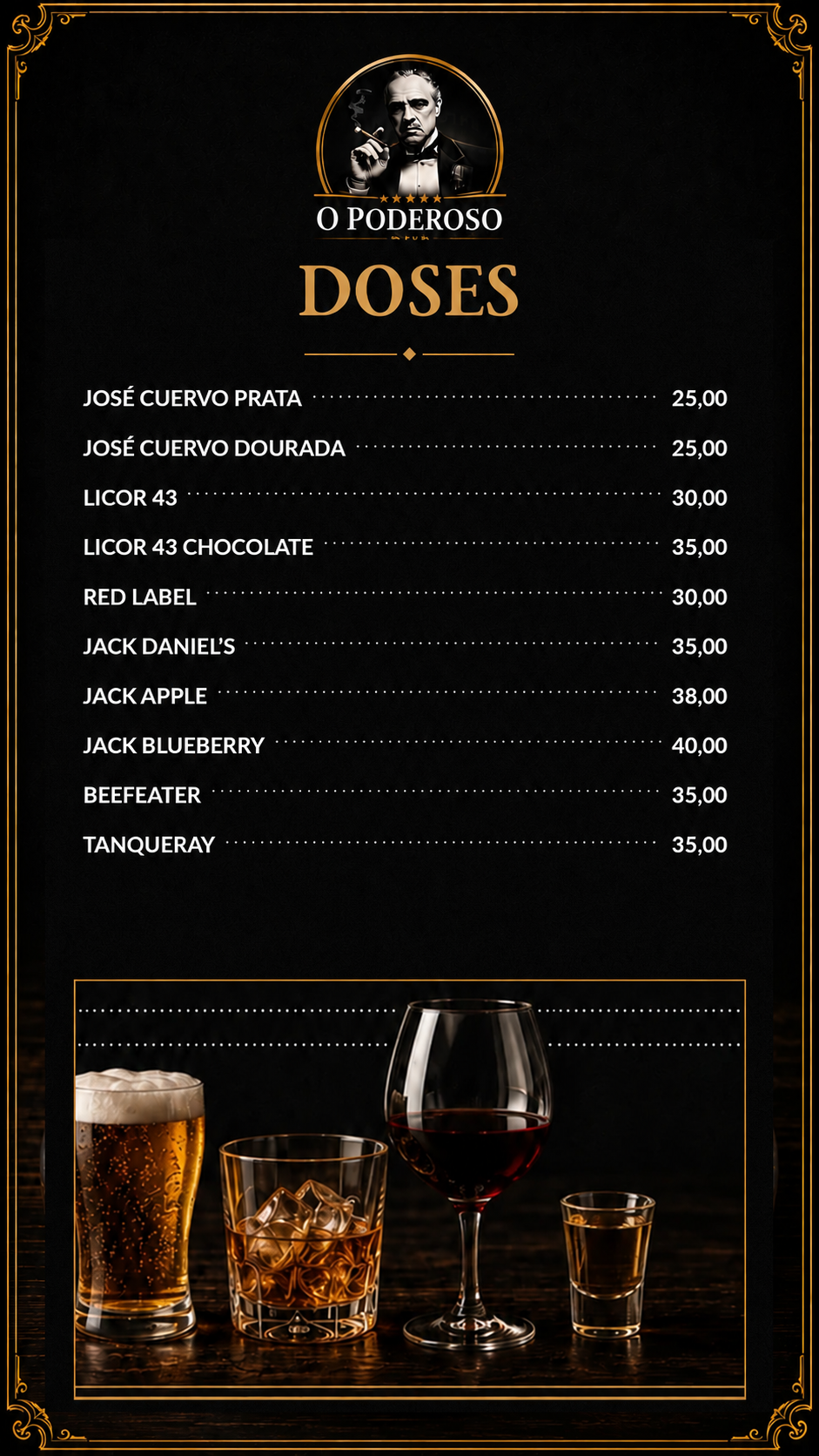 Cardápio de doses do O Poderoso Pub.