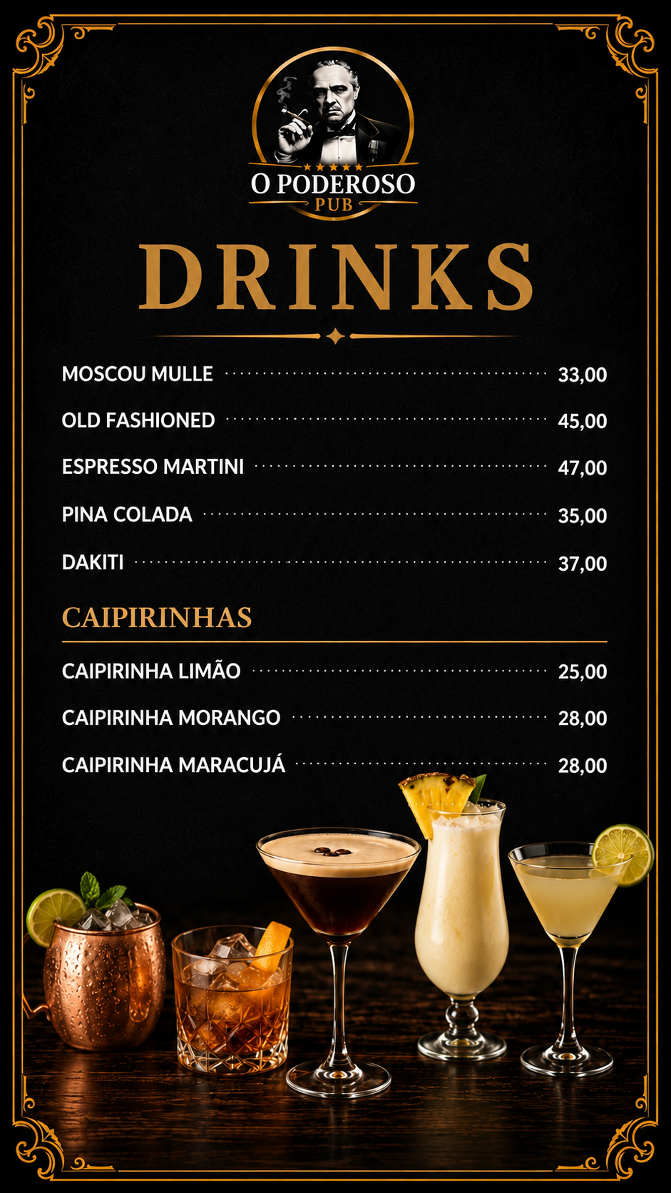 Cardápio de drinks do O Poderoso Pub.