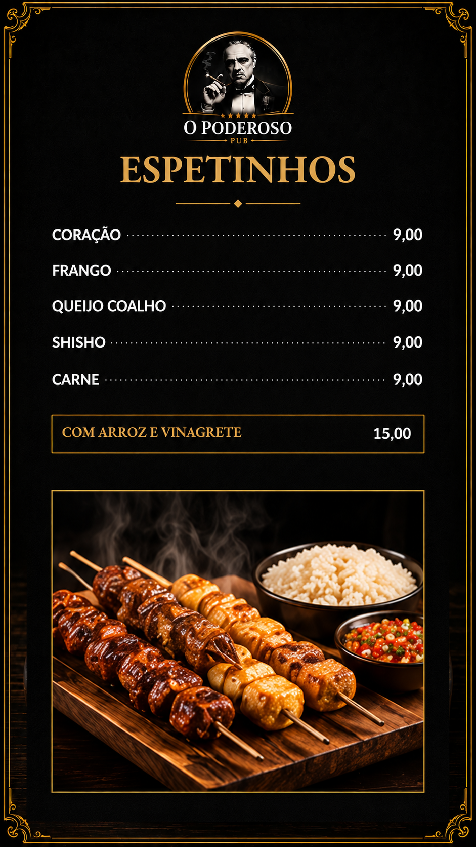 Cardápio de espetinhos do O Poderoso Pub.