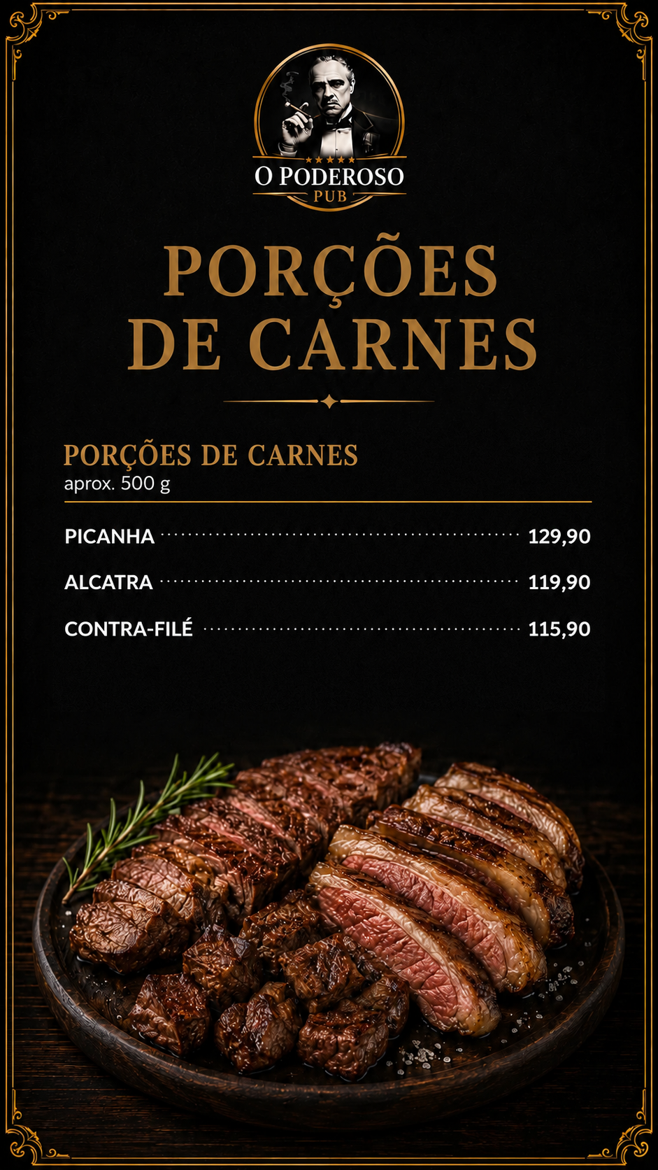 Cardápio de porções de carnes do O Poderoso Pub.