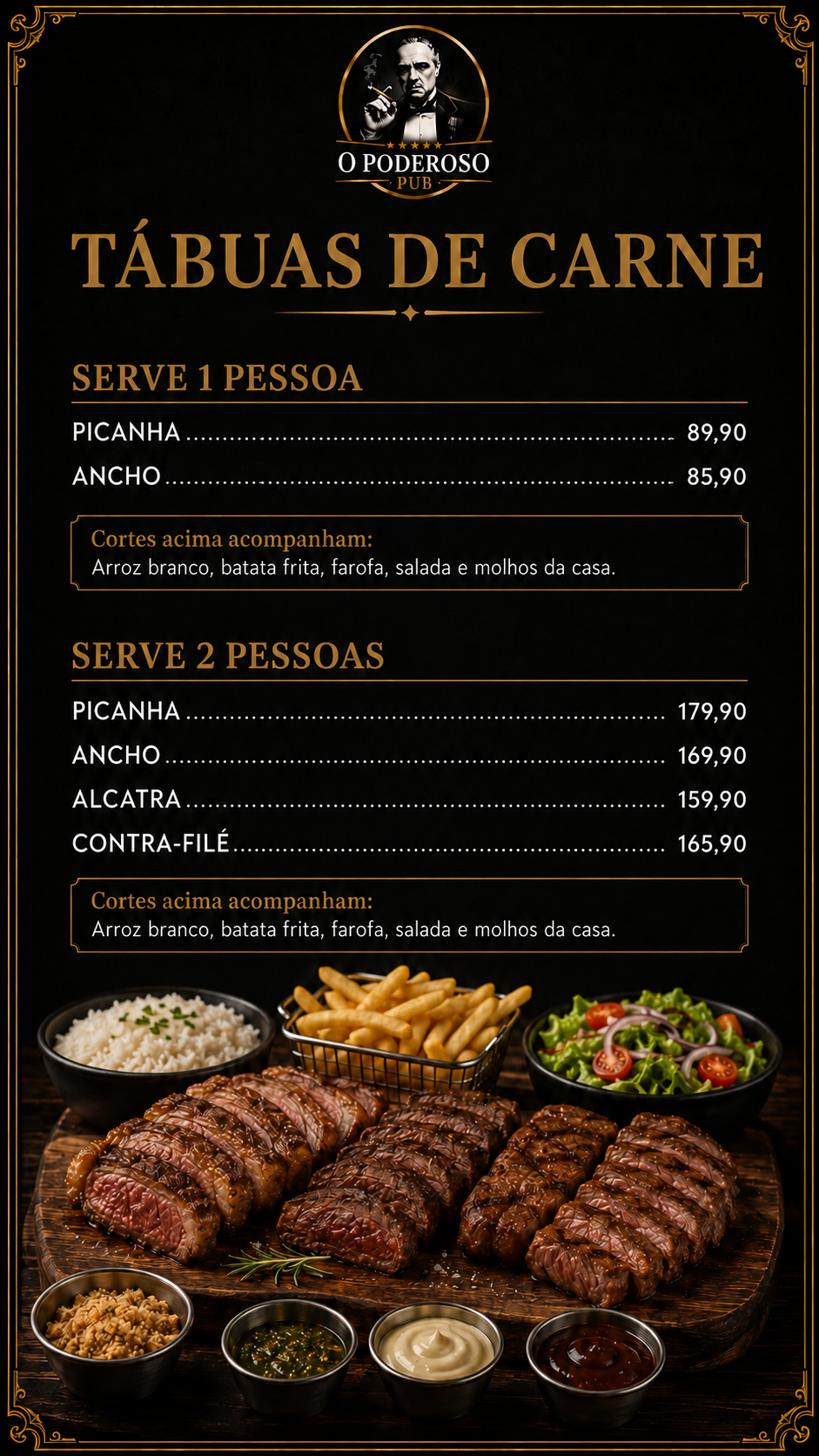 Cardápio de tábuas de carne do O Poderoso Pub.